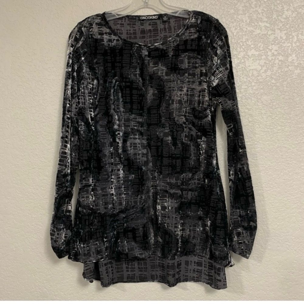 Snoskins Top Womens M Velvet Burnout Stretch Semi Sheer Black Silver Goth